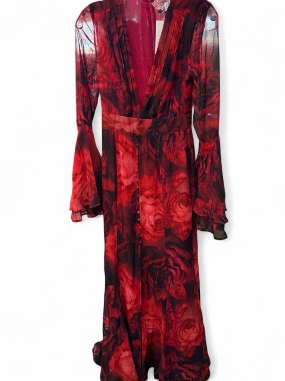 Women's Red Floral V-Neck Maxi Dress with Ruffled Bell Sleeves